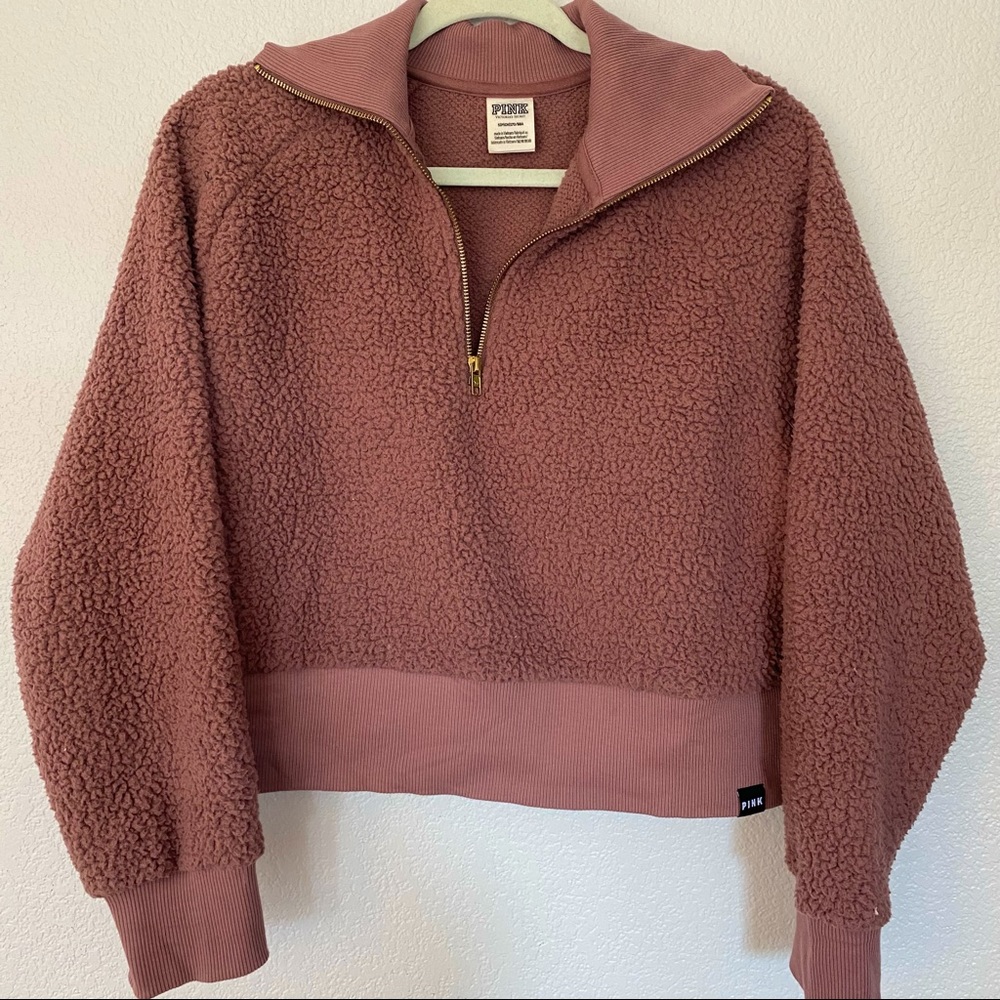 VS Pink Cropped Sherpa Quarter Zip